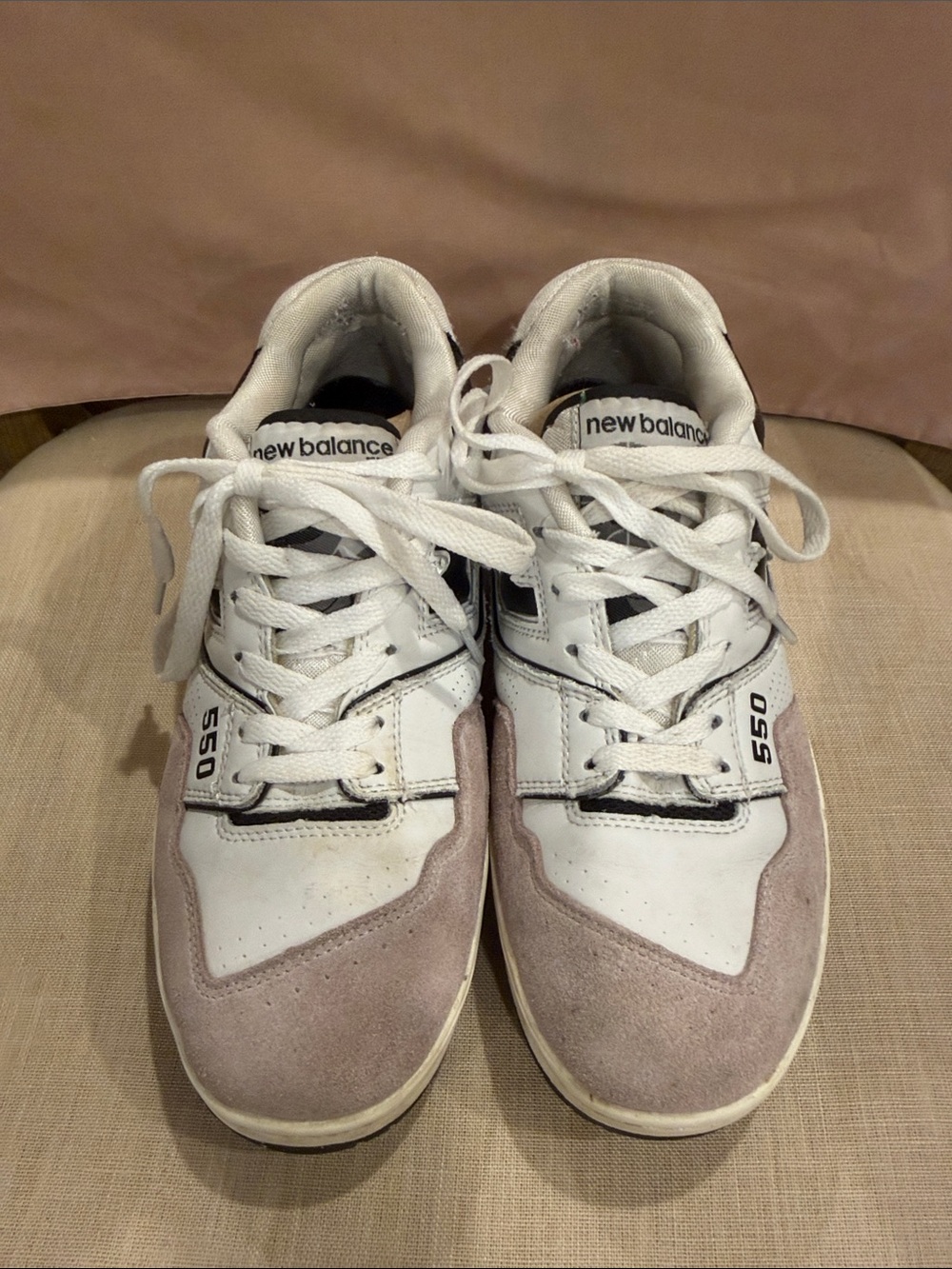 New Balance 550 women’s 7 White and Light Brown Suede Accent Sneakers